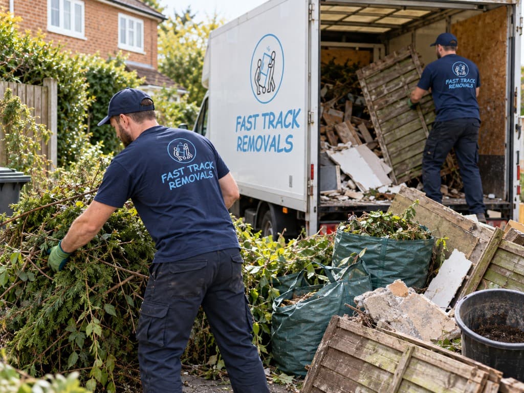 Fast Track Removals crew gathering hedge cuttings into green garden bags on a driveway while a colleague loads old fence panels and rubble into the Fast Track box van