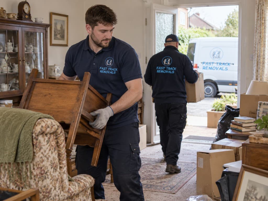 Fast Track Removals crew member carrying a wooden side table through a living room during a house clearance, with a colleague loading boxes into the Fast Track van outside