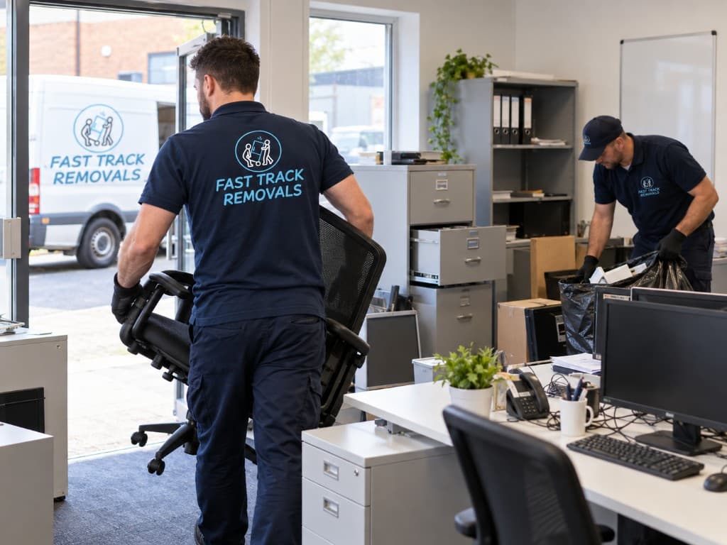 Fast Track Removals crew clearing an office, one carrying a black office chair out to the branded van and another bagging waste beside filing cabinets and desks