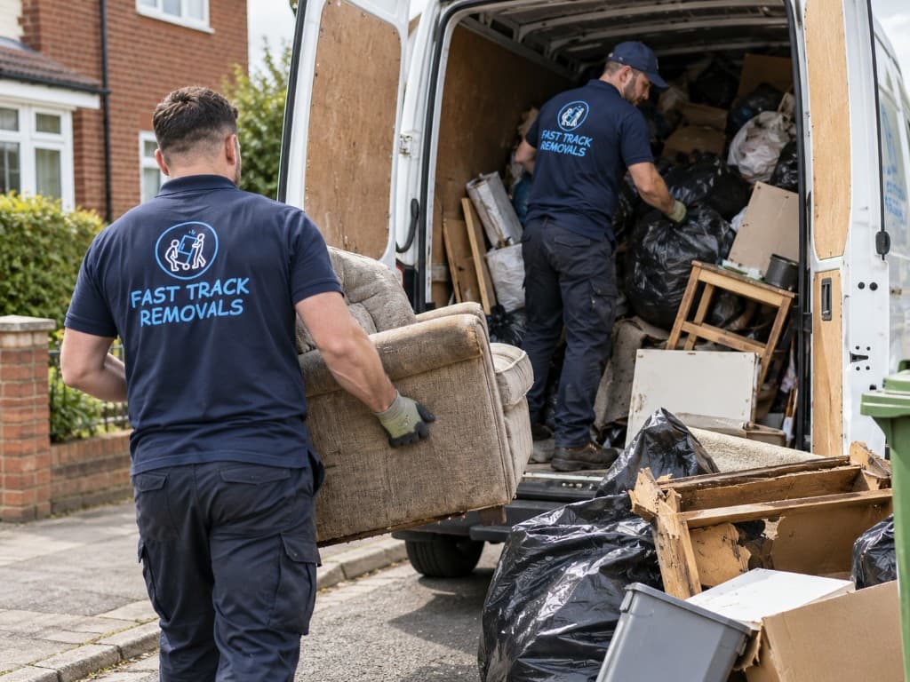 Two Fast Track Removals crew carrying an old armchair into a white van already loaded with bagged rubbish, wood and broken furniture outside a house